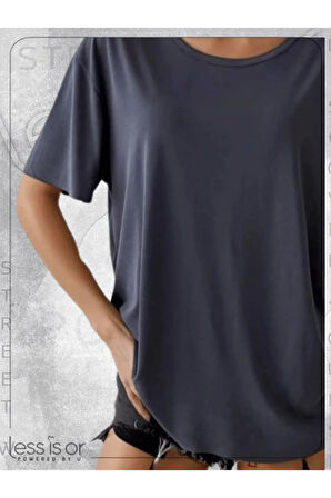 Koyu Gri Füme Antrasit Lazer Kesim Basic Tshirt
