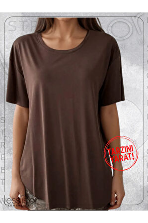 Kahverengi Lazer Kesim Basic Bisiklet Yaka Tshirt