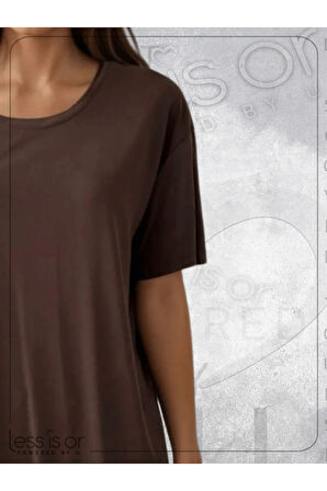 Kahverengi Lazer Kesim Basic Bisiklet Yaka Tshirt