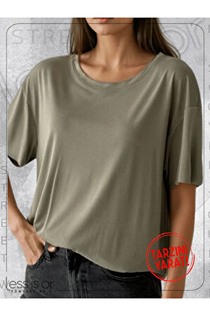 Açık Yeşil Haki Lazer Kesim Basic Tshirt