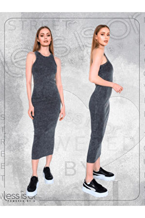 Basic Halter Yaka Antrasit Renk Kaşkorse Elbise