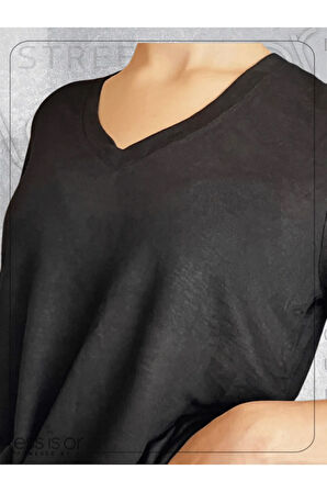 Siyah Renk Triko V Yaka Kısa Kollu Basic Tshirt