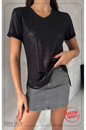 Siyah Renk Parlak V Yaka Kısa Kollu Basic Tshirt