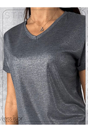Koyu Gri / Antrasit Renk Parlak V Yaka Kısa Kollu Basic Tshirt