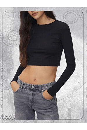 Bisiklet Yaka Siyah Crop Top Kısa Uzun Kollu Tshirt