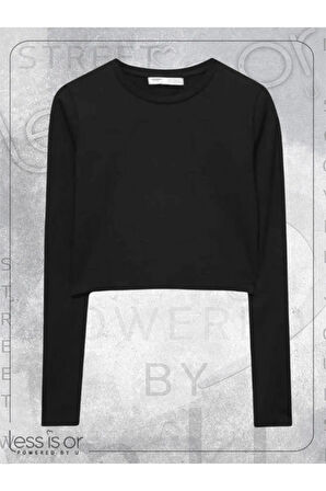 Bisiklet Yaka Siyah Crop Top Kısa Uzun Kollu Tshirt