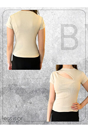 Bej Renk Pencereli Kısa Kollu Slim Tshirt