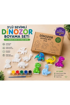 Sevimli Dinozor Boyama Seti | 6’lı Akrilik Boya ve Fırça Dahil | Aktivite Seti