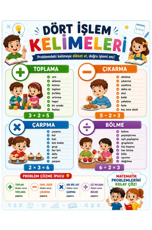 Dört İşlem Kelimeleri Afişi 50x70 cm – Toplama Çıkarma Çarpma Bölme Eğitici Matematik Posteri Branda Baskı