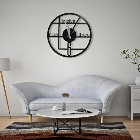 Modern Metal Duvar Saati - 40 cm Siyah Sessiz Akar Mekanizma, Geometrik ve Yazılı Tasarım