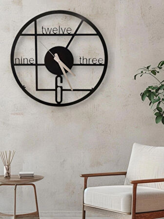 Modern Metal Duvar Saati - 40 cm Siyah Sessiz Akar Mekanizma, Geometrik ve Yazılı Tasarım