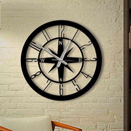 Pusula Desenli 40 cm Siyah Metal Duvar Saati – Sessiz Akar Mekizma, Dekoratif ve Modern Tasarım