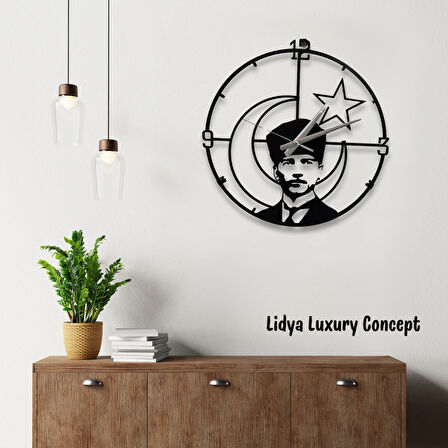 Atatürk ve Ayyıldız Tasarımlı, Sessiz Akışkan Mekanizmalı 40 cm Metal Duvar Saati 