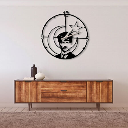 Atatürk ve Ayyıldız Tasarımlı, Sessiz Akışkan Mekanizmalı 40 cm Metal Duvar Saati 