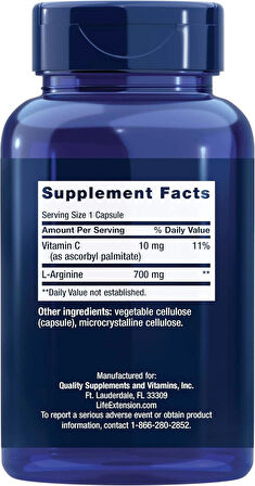 Life Extension L-Arginine Nitric Oxide 700 mg Vitamin C Immune Health Bones 200 Caps