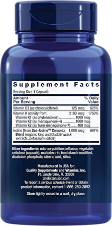 Life Extension Vitamins D and K with Sea-Iodine, vitamin D3, vitamin K1 and K2, iodine, supports immune, bone, arterial and thyroid health, non-GMO, gluten-free, 60 capsules