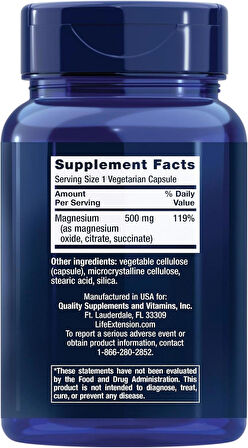 Life Extension Magnesium 500 mg Magnesium Oxide Citrate and Succinate 100 Veg Caps