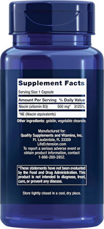 Life Extension Vitamin B3 Niacin 500 mg – Niacin (Vitamin B3), Supports Heart Health, Promotes cellular energy production – Gluten-Free, Non-GMO – 100 Capsules