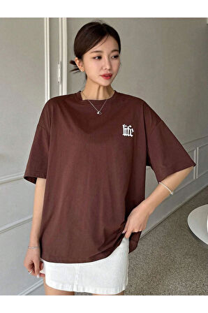 Kadın Life Sırt Baskılı Oversize Bisiklet Yaka T-shirt