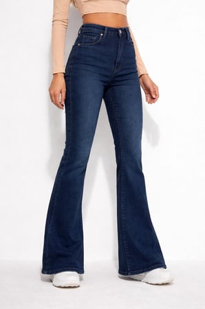 Kadın Yüksek Bel İspanyol Paça Power Likra Kot Denim Jean Mavi / 36