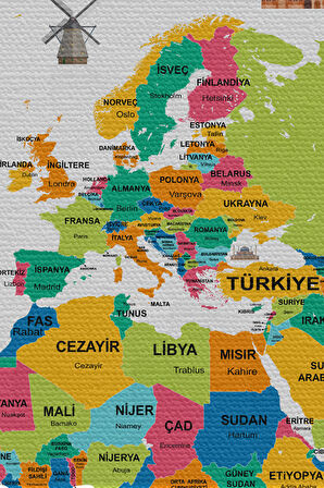Duvar Örtüsü / Halısı Bayrak Detaylı Türkçe Güncel Dünya Haritası 