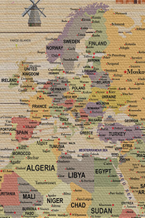 Duvar Örtüsü / Halısı Güncel İngilizce Pastel Dünya Haritası Ahşap Görünümlü