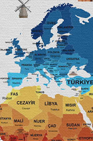Duvar Örtüsü  Bayrak Detaylı Türkçe Güncel Dünya Haritası Kanvas Duvar Halısı