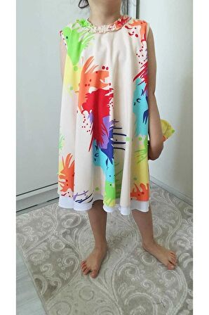 Günlük Rahat Yazlık Elbise Asimetrik Kloş Arkadan Bağlamalı Çift Kat Batik Model