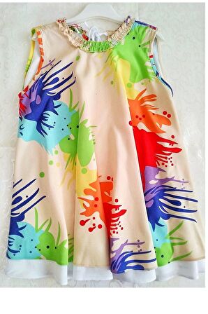 Günlük Rahat Yazlık Elbise Asimetrik Kloş Arkadan Bağlamalı Çift Kat Batik Model