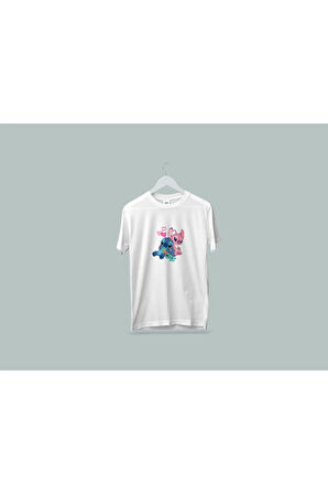 Makiteks Kaliteli Penye Kadın Erkek Yetişkin Baskılı Beyaz Gri Siyah Tshirt Lilo Stitch