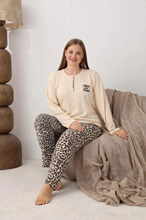 Büyük Beden Battal İnterlok Leopar Kadın Pijama Takımı