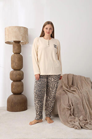 Büyük Beden Battal İnterlok Leopar Kadın Pijama Takımı