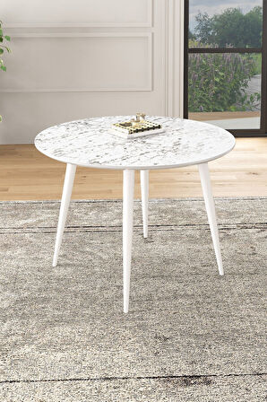 Linya Yuvarlak 90x90 Beyaz Ahşap Ayak MDF Mutfak Tekli Yemek Masası