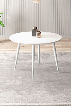 Linya Yuvarlak 90x90 Beyaz Ahşap Ayak MDF Mutfak Tekli Yemek Masası