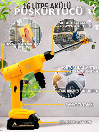 16 lt Şarjlı püskürtme tabancası 14 bar, yıkama, sulama, ilaçlama pompası