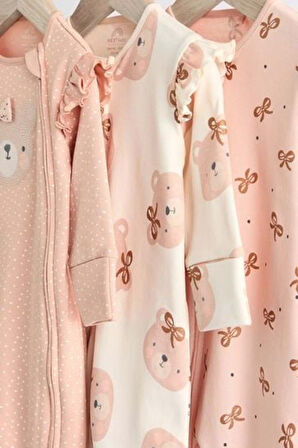 Next Baby %100 Pamuklu Pembe Ayı Desenli 3' lü Tulum Set