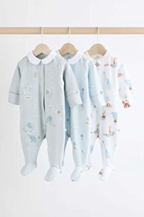 Next Baby %100 Pamuklu Mavi Bebe Yaka Fil Desenli 3' lü Tulum Set