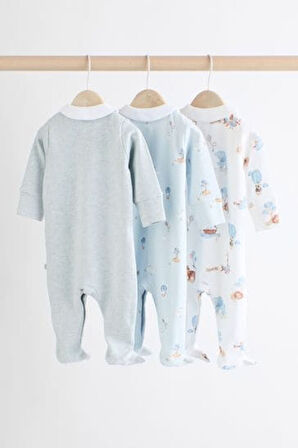 Next Baby %100 Pamuklu Mavi Bebe Yaka Fil Desenli 3' lü Tulum Set