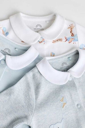 Next Baby %100 Pamuklu Mavi Bebe Yaka Fil Desenli 3' lü Tulum Set