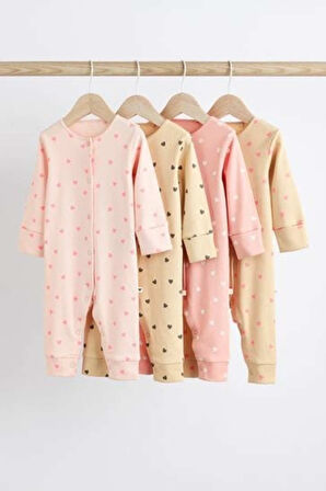 Next Baby % 100 Pamuklu Pembe Kalp Desenli 4'lü Tulum Set