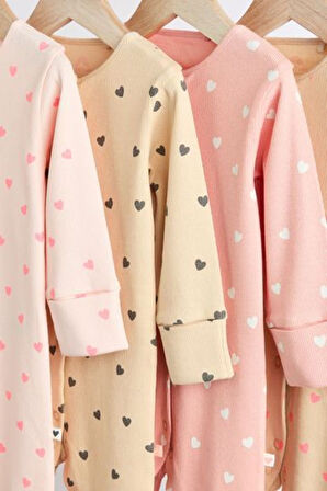 Next Baby % 100 Pamuklu Pembe Kalp Desenli 4'lü Tulum Set