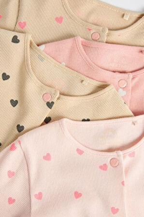 Next Baby % 100 Pamuklu Pembe Kalp Desenli 4'lü Tulum Set