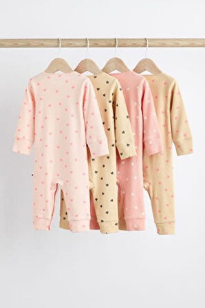 Next Baby % 100 Pamuklu Pembe Kalp Desenli 4'lü Tulum Set