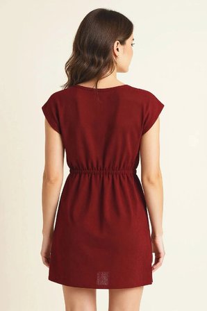 Kadın Bordo Yanları Yırtmaçlı Tokalı V Yaka Mini Plaj Elbisesi Şık Yaz Giyim
