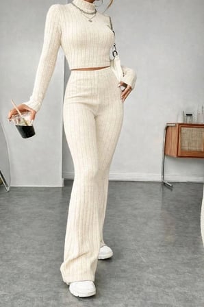 Kadın Ekru Fitilli Crop Uzun Kollu Üst Paça Pantolon Eşofman Takımı Şık 2’li Set