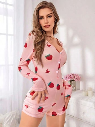 Kadın Pembe Çilek Desenli Pijama Tulumu Yumuşak Rahat Ev Giyimi Şık Özel Tasarım