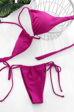 Kadın Fuşya Üçgen Bikini Takımı Yandan Bağlamalı Tangalı Canlı Renk Şık Mayo Seti
