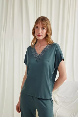 Kısa Kollu V Yakalı Dantelli Pijama Takımı