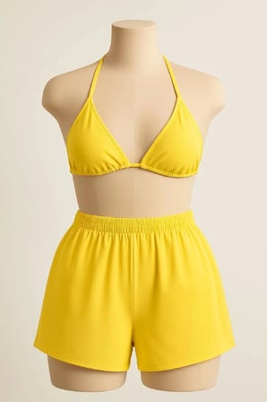 Sarı Şortlu Bağlamalı Bikini Takımı Üçgen Kesim Ayarlanabilir Esnek Kumaş Kadın Mayo Seti