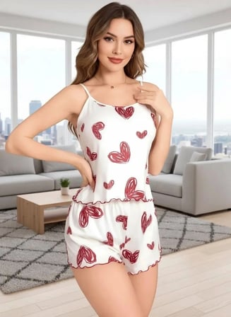 Kadın Beyaz Kalp Desenli Şortlu Gecelik Pijama Takımı Sevimli Rahat 2’li Set